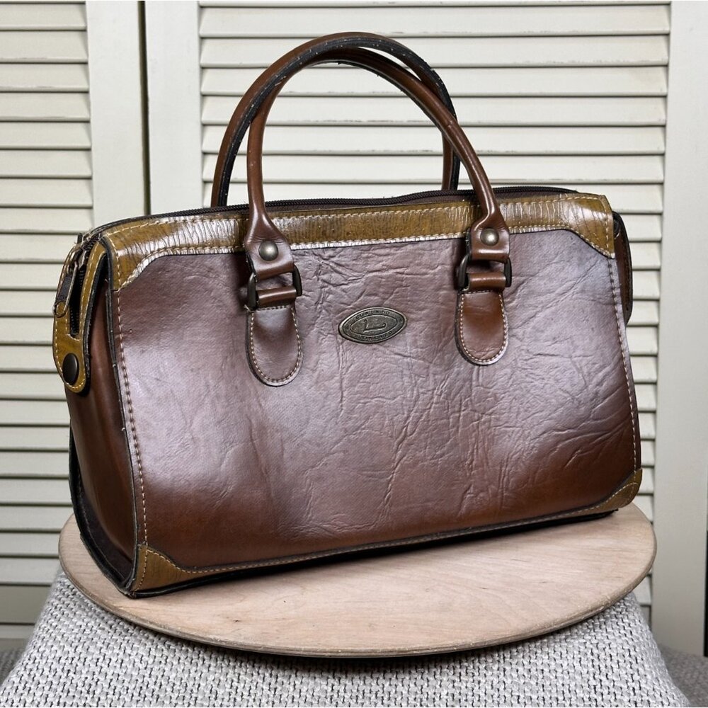 Vintage Lorenzo Leather Handbag Brown On Brown Academia Purse Double Handle Bag - Picture 2 of 7
